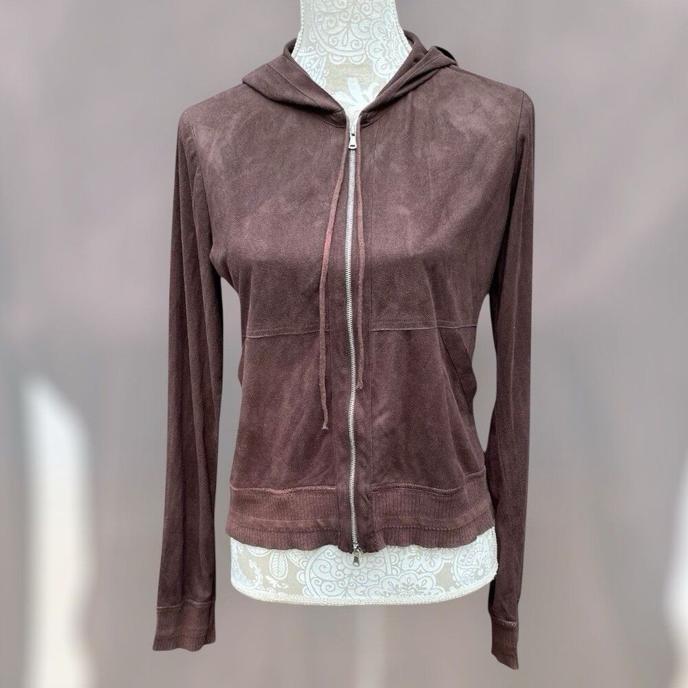 Studio M Faux Suede Brown Double Zip Hoodie Jacket Size M Made in USA Y2K 90s